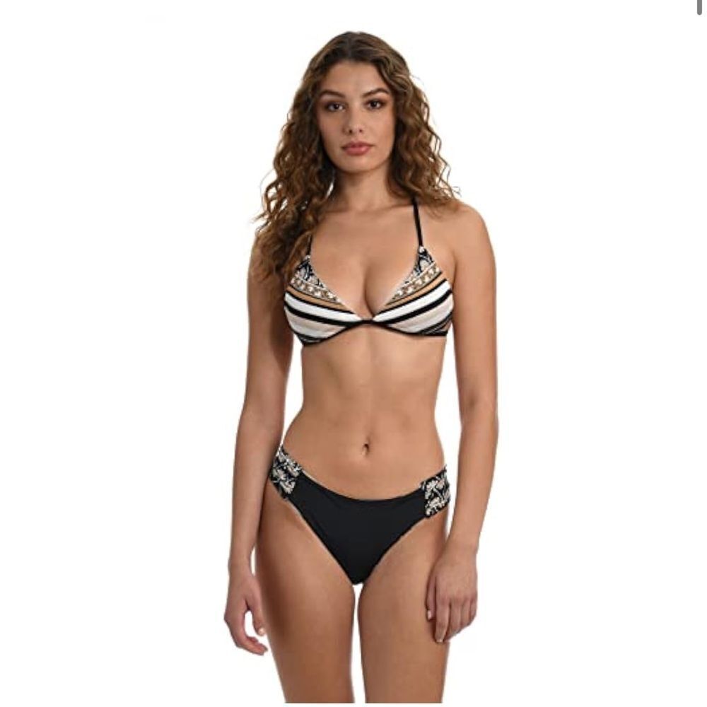 Sunshine 79 Womens Side Shirred Hipster Bikini Swimsuit Bottom brown 70s stripe